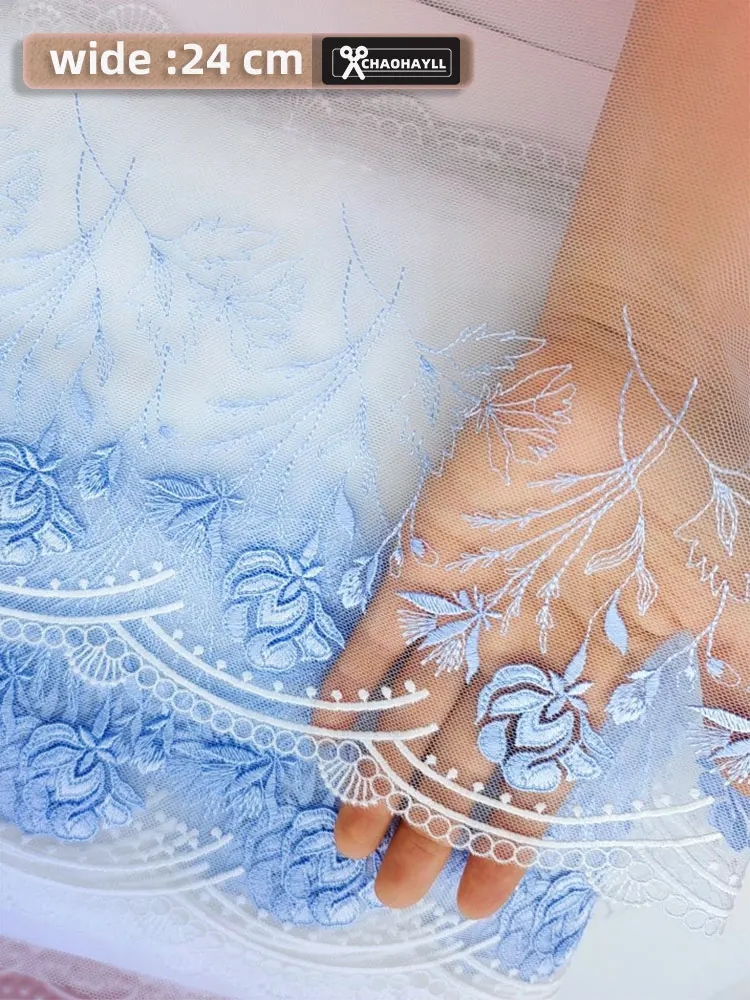 Blue Luxury Mesh Tulle Embroidered Lace Fabric for Fringe Trimmings Party Dresses Women Sewing Accessories Supplies Materials