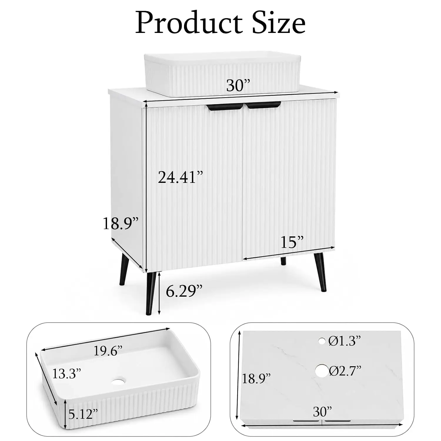 30 Inch Bathroom Vanity with Sink, Modern Fluted Freestanding Bathroom Sink Vanity with Soft Close Doors & Black, Customized
