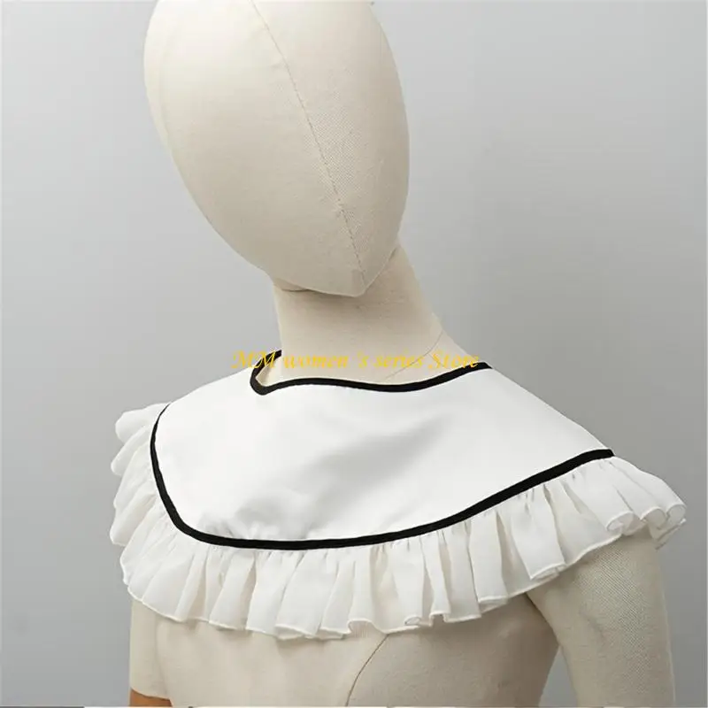 Q39C False Collar Overlay with Ruffle Black White Trim Detachable Collar for Sweater Styling and Dress Accent