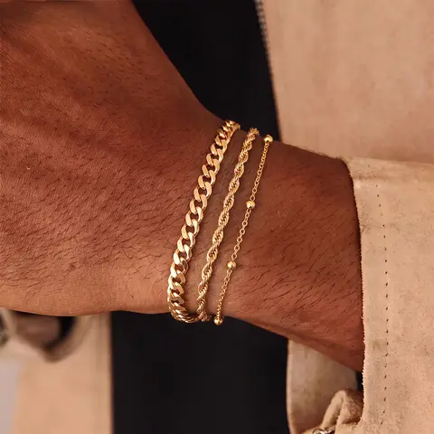 3PCS men's foldable bracelet 18k gold plated non fading hemp rope round bead Cuban bracelet, daily casual jewelry gift