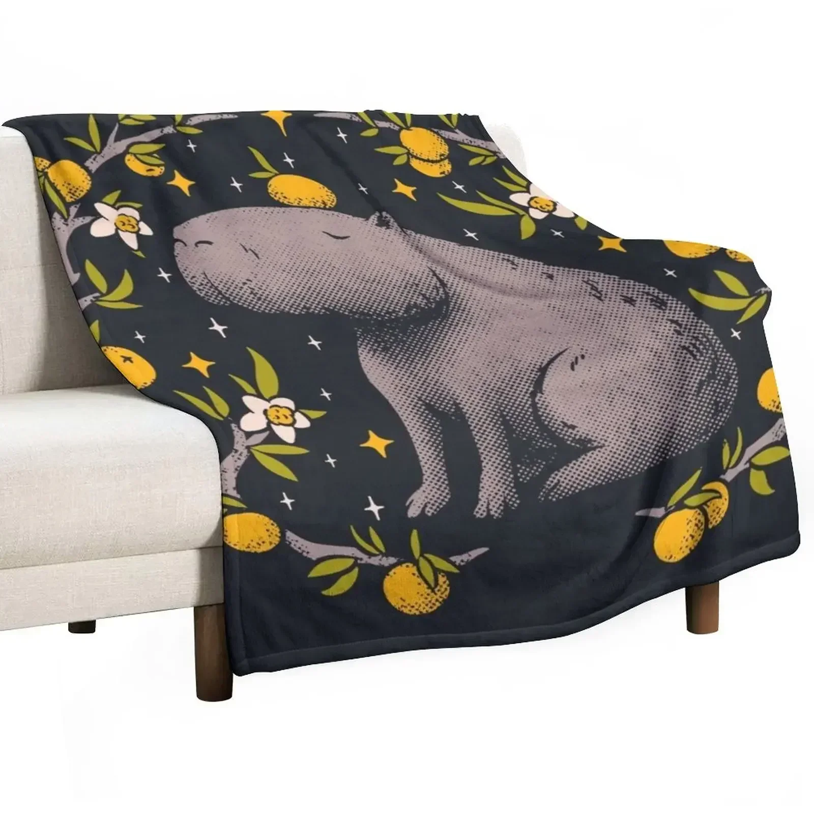 Capybara Cottagecore Aesthetic Chilling With Orange on Head | Goblincore Capy Yuzu Citrus Fruit Blossom Flowers Me Throw Blanket