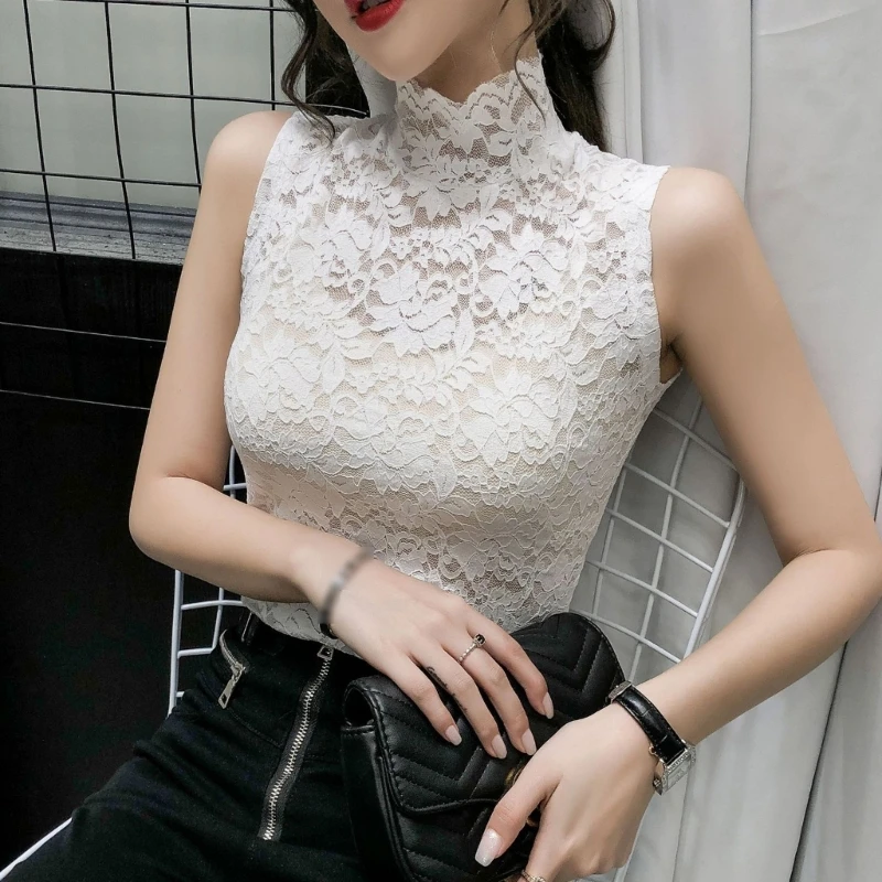 Haut ajusté en dentelle à col roulé pour femmes, tunique sexy, t-shirts pour femmes, bas précieux