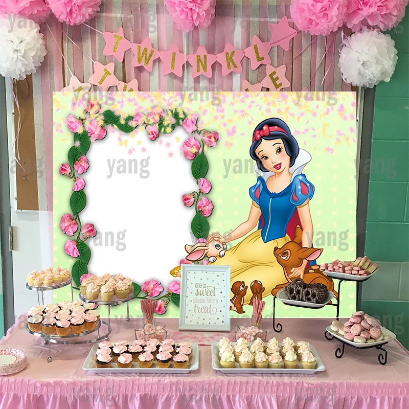 Disney Cartoon Custom Lovely Snow White Princess And Squirrels Romantic Flowers Backdrop Birthday Party Photography Background