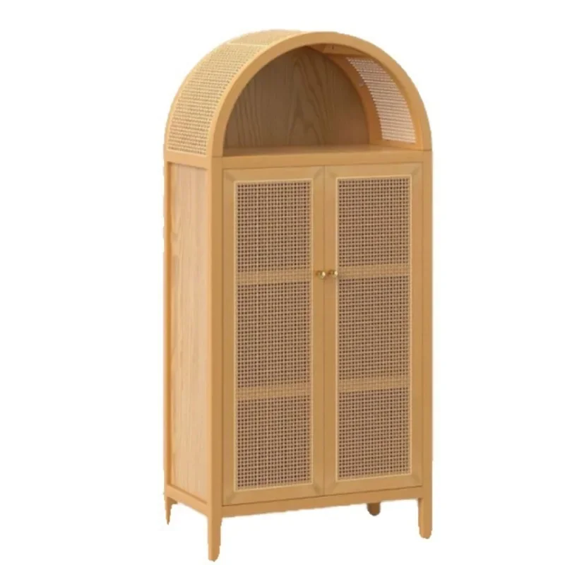 American solid wood oval bookcase, light luxury children's floor bookshelf French retro arch, decorative rattan wine cabinet