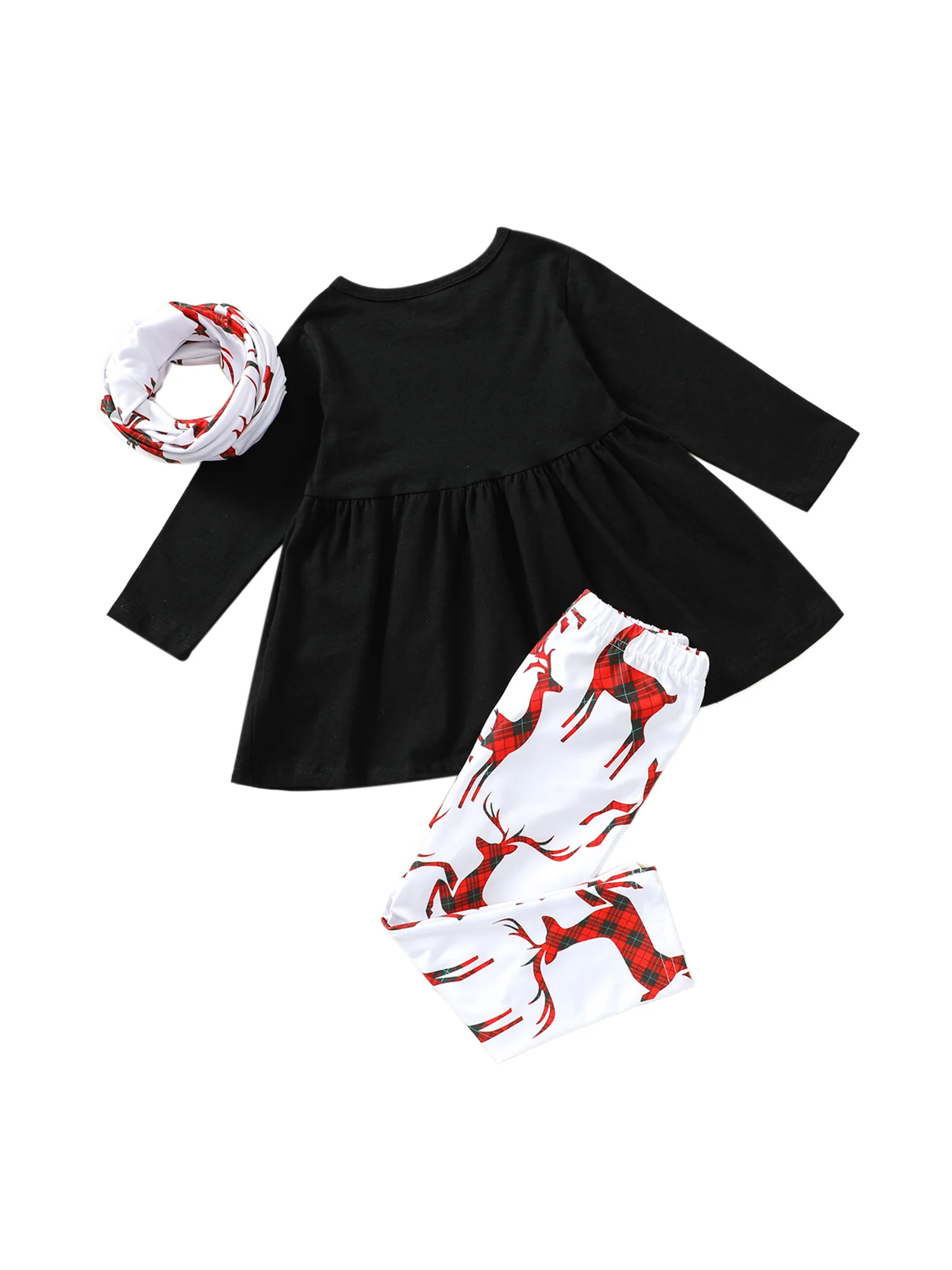 Cute Baby Girl 3 Piece Christmas Ensemble Adorable Reindeer Print Top with Matching Pants and Cozy Loop Scarf Set