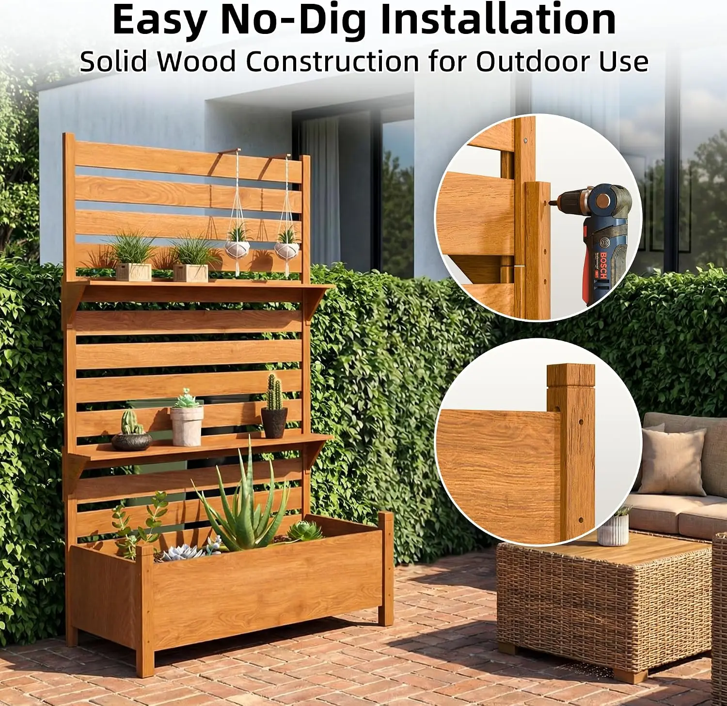 Outdoor Privacy Screen with Planter, 72.8" H x 26" W x 41.3" D, Solid Wood Freestanding Patio Privacy Divider with 2-Tier Shelf, Light Brown - view 5