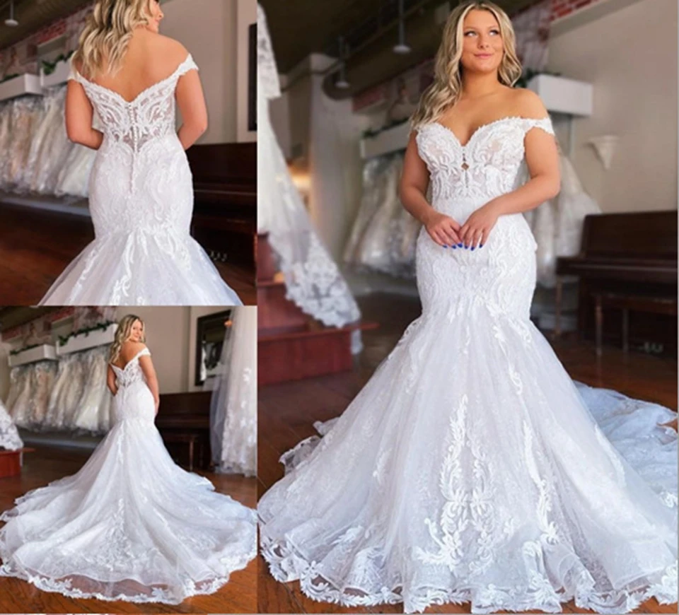 Vestidos De Novia personalizados para mujer, Vestidos De Novia largos De sirena con cuello en V y hombros descubiertos, Vestidos De Novia De tul sin espalda 2025