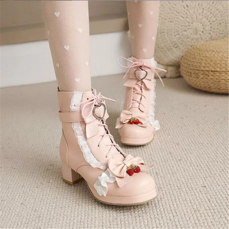 Autumn Winter Women Boots Sweet Bow Women Comfort Platform Ankle Boots Elegant Ruffles Girls Princess Cosplay Pink Lolita Shoes