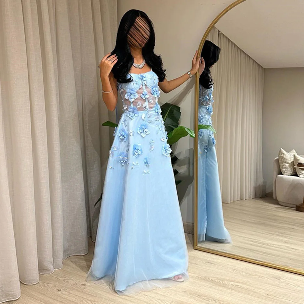 

A-line 3D Appliques Spaghetti Strap Satin Prom Gown Backelss Illusion Evening Dresses for Women فساتين السهرة 2023 جديده