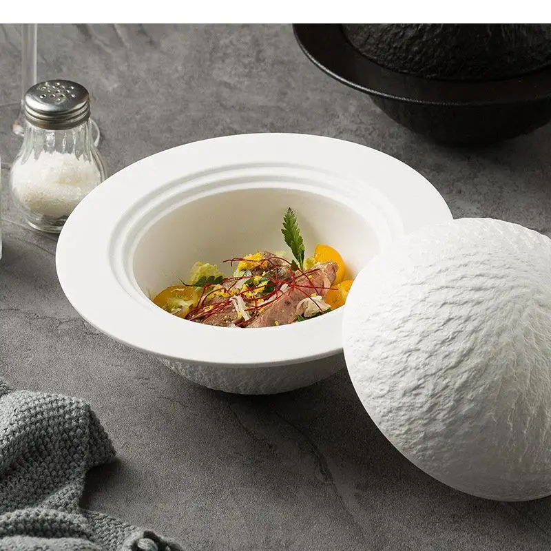 Ceramic Bowl with Lid Rock Texture Thick Soup Dessert Pasta Bowls Salad Restaurant Specialty Tableware
