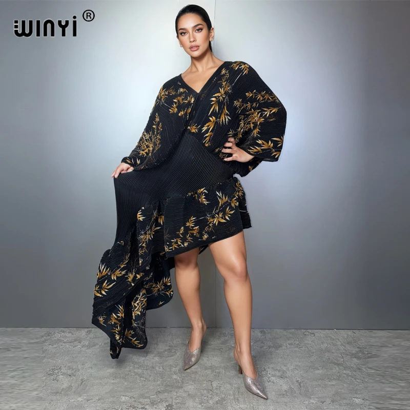 WINYI Africa Gorgeous party style dress Elegant Pleated Elastic  Maxi Kaftan Beach wear Luxury Party Evening Dubai Style Abaya