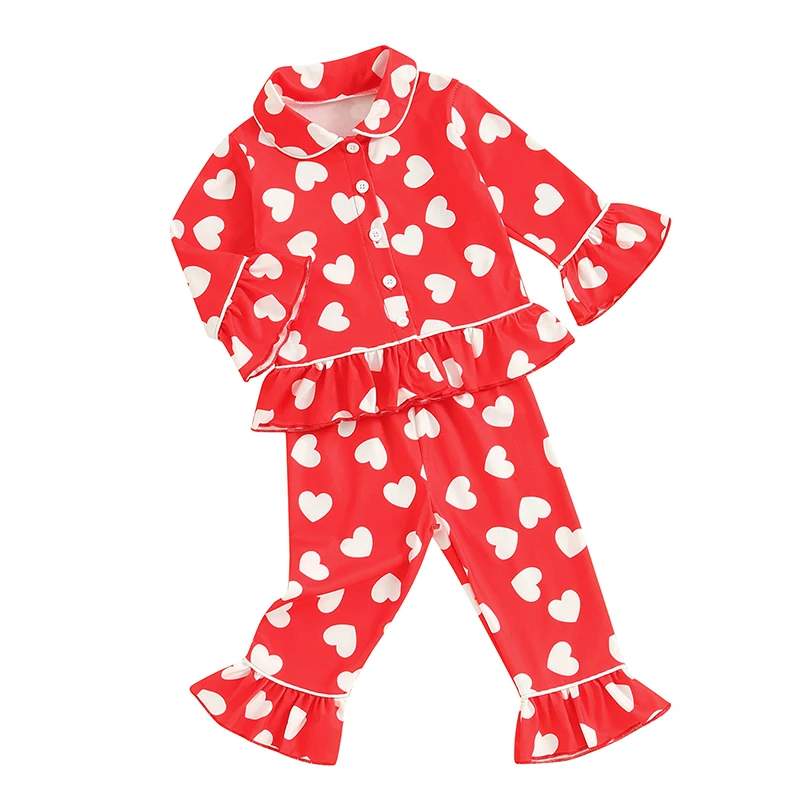 Kids Baby Boy Girl Cotton Pajamas Set Long Sleeve Lapel Ruffle Hem Buttons Red Tops Pants Suit Sleepwear Nightwear Homewear