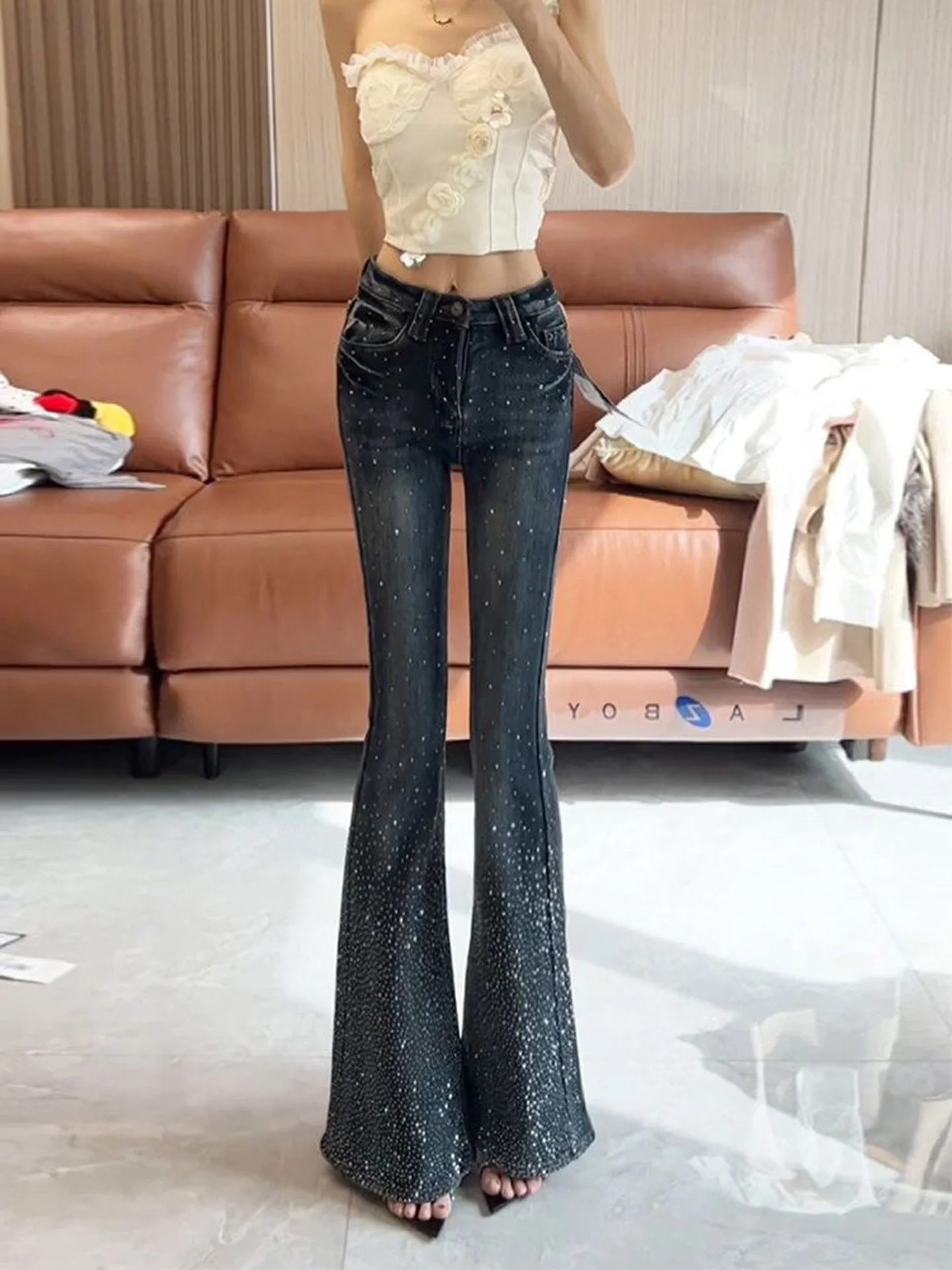 American High Street Design Sparkling Rhinestone Splicing Denim Pants Women's Fashionable Bell Bottoms Glittering Micro Flares