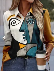 2024 Spring and Autumn Retro Cardigan Sweater Abstract Print Long Sleeve Shirt Jacket V Neck Casual Knit Women's Fun Clothing