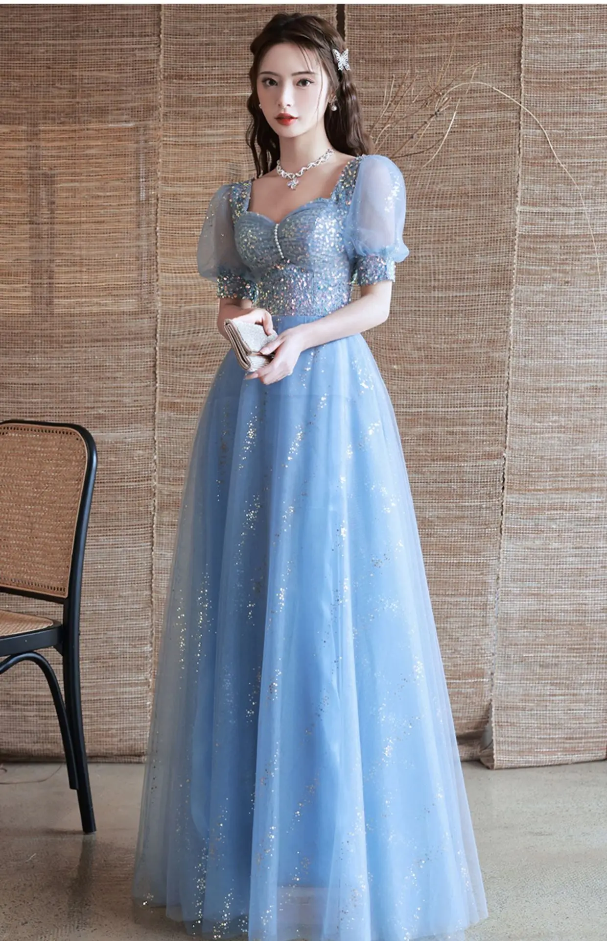 Gaun malam payet gaya Perancis elegan gaun panjang Tulle pas badan pinggang tinggi biru gaun pesta Formal wanita Quinceanera Vestido