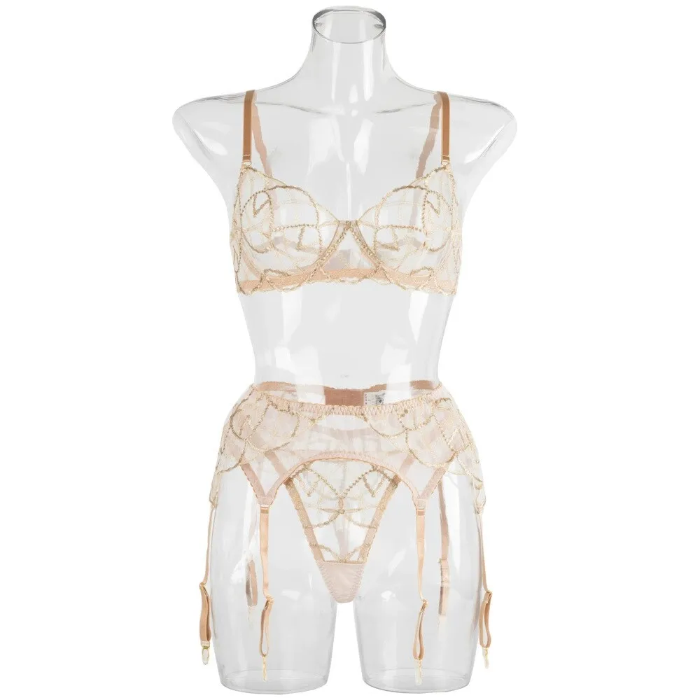 Gold Embroidery Steel Ring Push Up Sheer Lingerie 2Pcs Garter Set Women Sexy Outfit For Nightclub Party Soft Daily Wear 32-38ABC