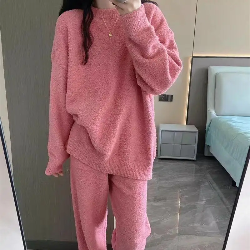 Conjuntos de pijamas de lana Coral para chica joven, ropa de ocio holgada y dulce de princesa con cuello redondo, ropa de hogar de terciopelo para otoño e invierno