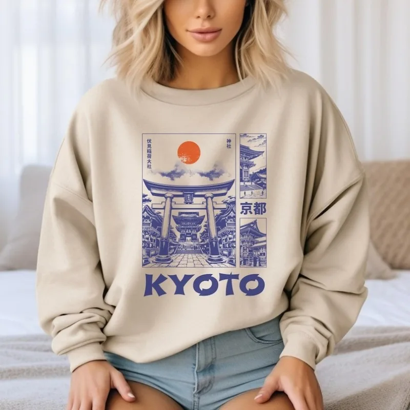 Sudadera japonesa Kyoto Souvenir Kyoto Japón viajes vacaciones Casual cuello redondo Casual invierno moda suave cómoda Sudadera con capucha Tops