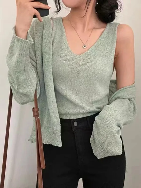 Loose Women's V-neck Knitted Vest Top Set Korean Style Summer UV Protection Soft Wind Two-piece Set Comfortable Breathable