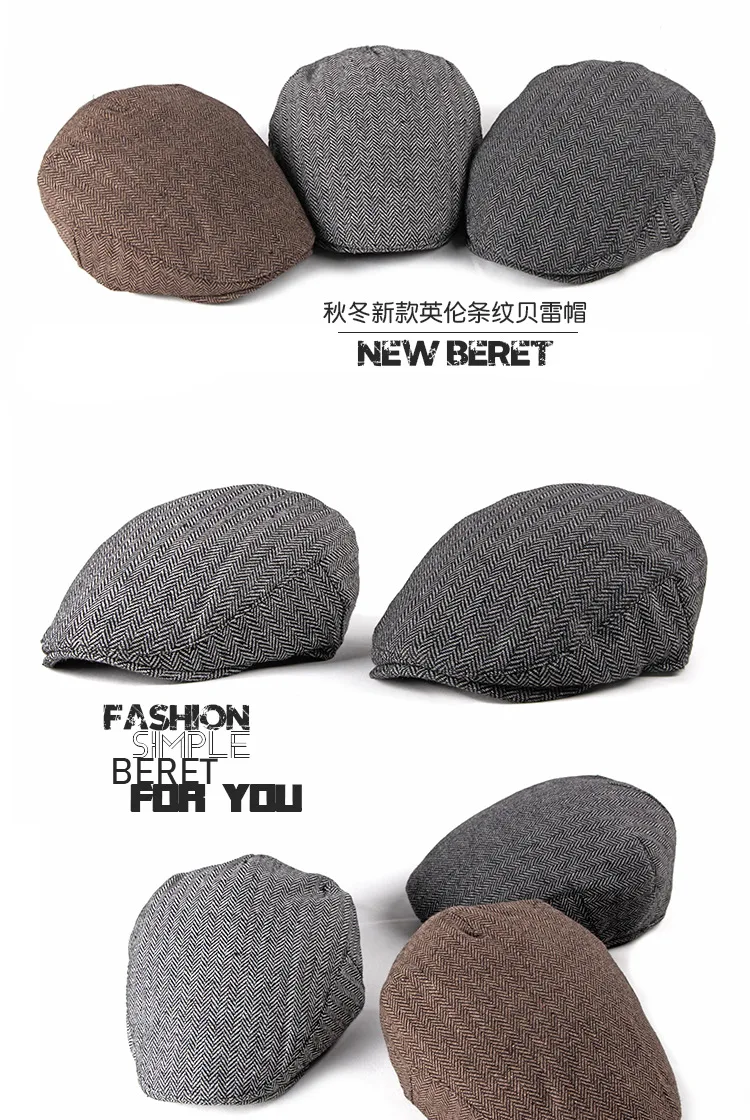 Herren Mode Baskenmützen Hochwertige Herbst-Winter Woll-Fischgrätmuster Flache Mütze Klassischer Künstler-Malermützen-Stil Männliche Gorras – Detail 5