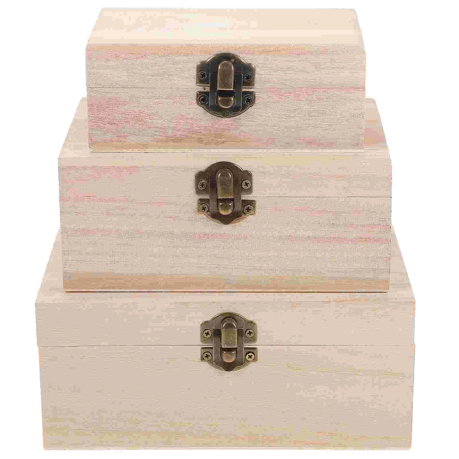 

1 Set/3 Pcs Unfinished Wooden Case Creative Multi-function Box DIY Graffiti Supplies Storage Lock Case for Home Shop Adults Kids