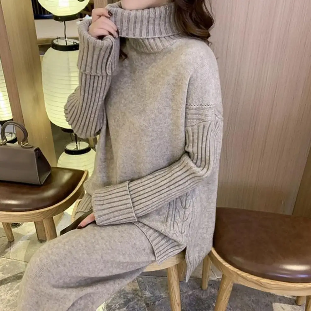 Long Sleeves Side Split High-low Hem Ribbed Sweater Pants Set Lady Autumn Winter Turtleneck Sweater Straight Wide Leg Pants Set