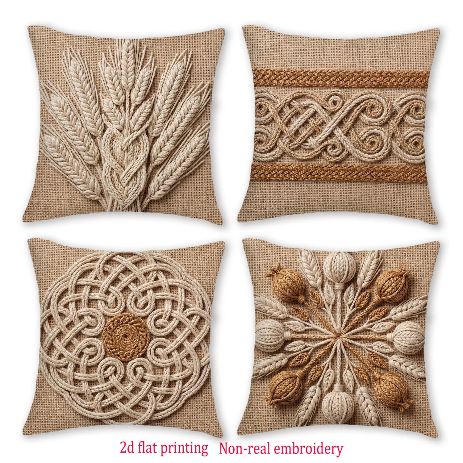 4Pcs Double‑Sided 2D Flat Rustic Farm Pillow Covers, Wheat Textured Print Cushion Cases for Autumn Home Bedroom Living Room