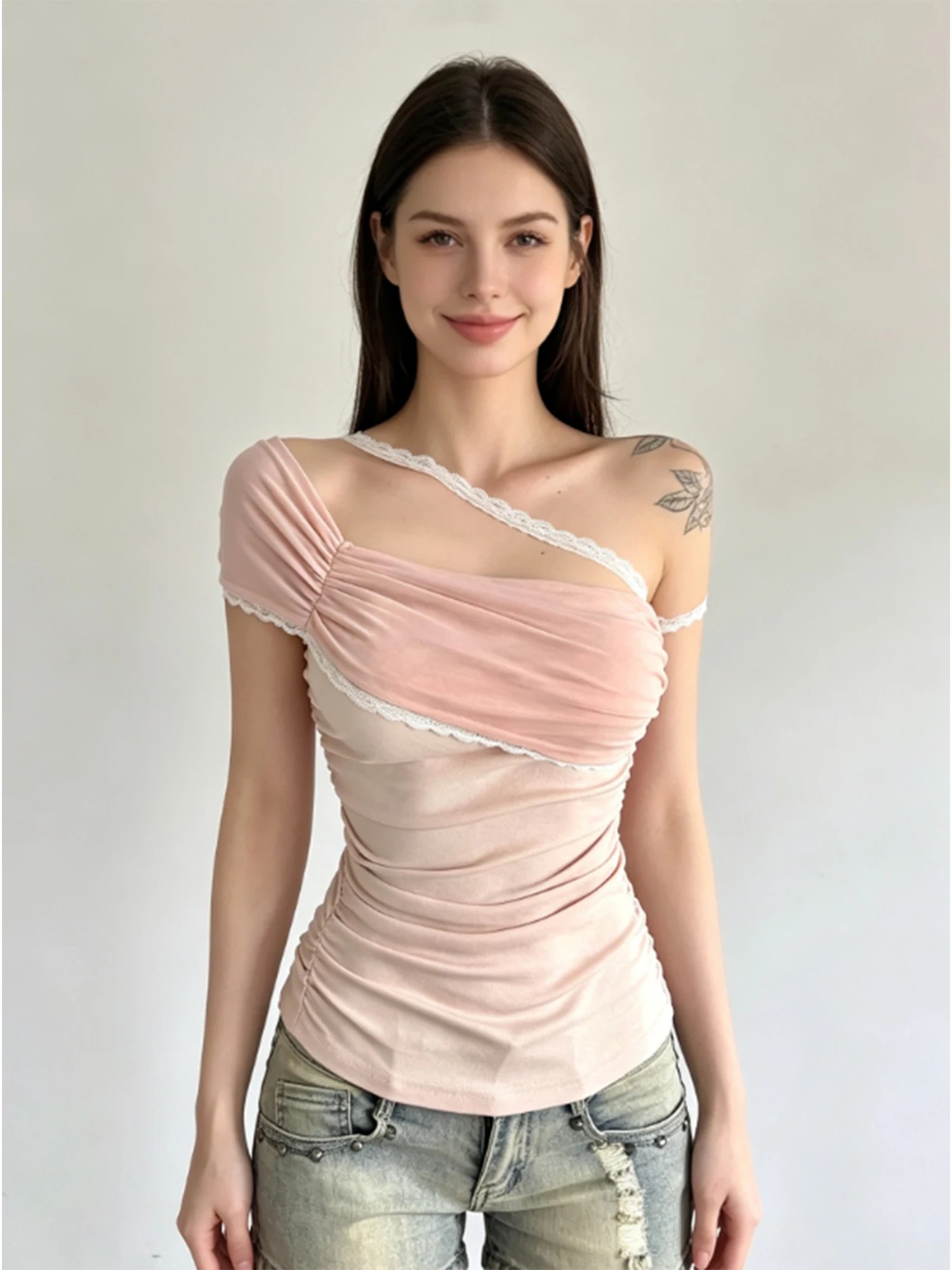 Women Pink T-shirt One Shoulder Short Sleeve T-Shirt Y2K Gyaru Elegant Vintage Lace Patchwork Slim Fit Tee Top for Women Summer