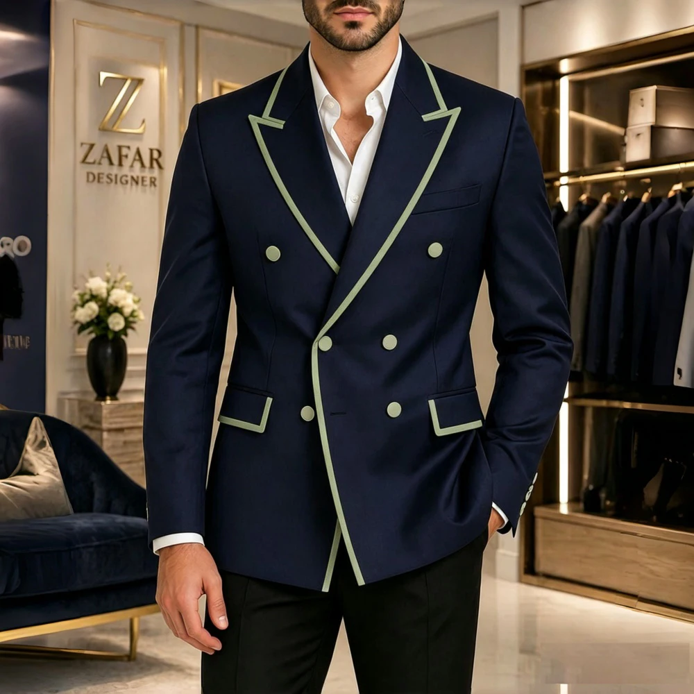 

Luxury Piping Double Breasted Men Suits Slim Fit Wedding Tuxedo 2 Pieces Formal Blazer Pants Set Groom Guest Prom Party Banquet