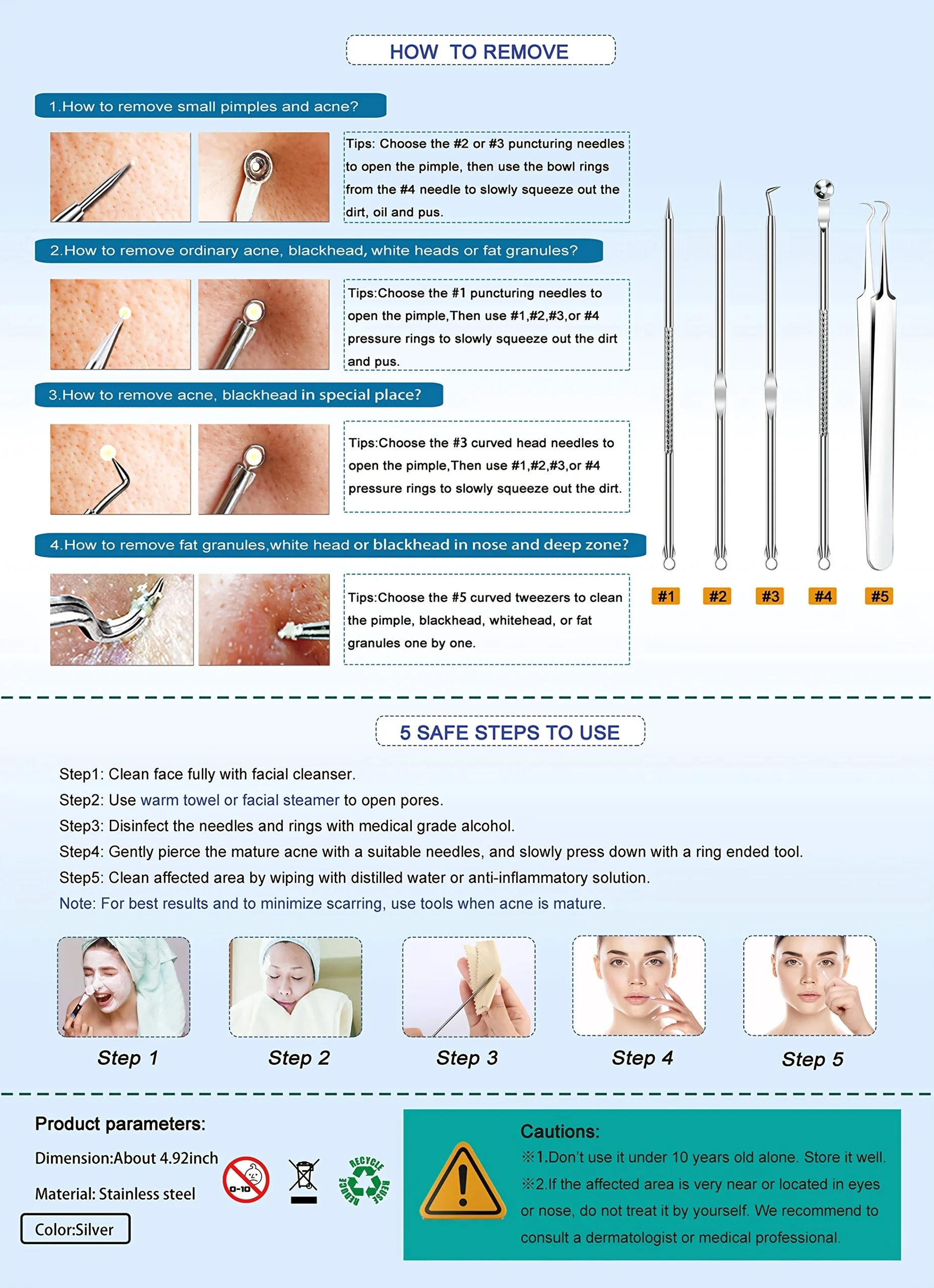 5PCS Blackhead Remover Comedone EXTRACTOR,โค้ง Blackhead แหนบชุด,Professional สแตนเลสสิวเสี้ยนกําจัดสิวเกินไป