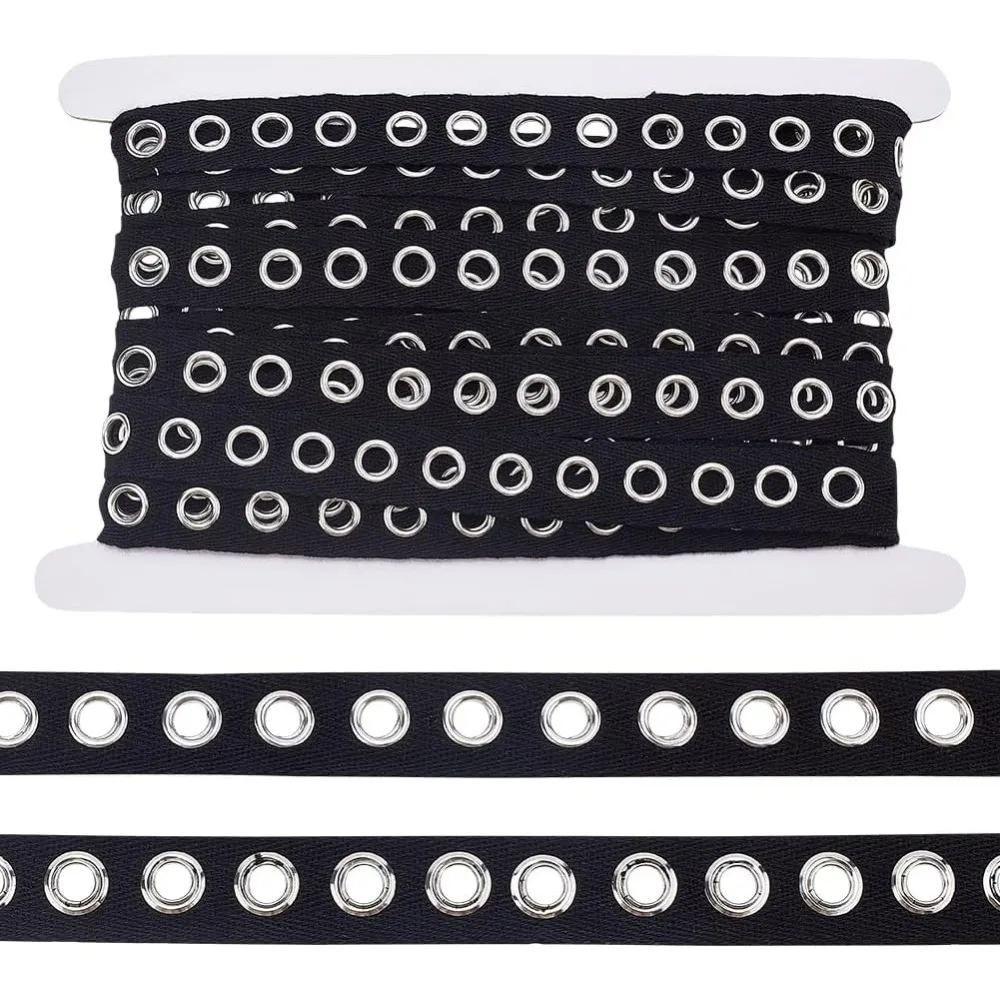 Cinta de ojal de algodón con adorno de ojal negro de 5 yardas, grifo de ojal de sarga con ojal de 3/4 pulgadas de ancho con anillos de ojal de 6mm para coser
