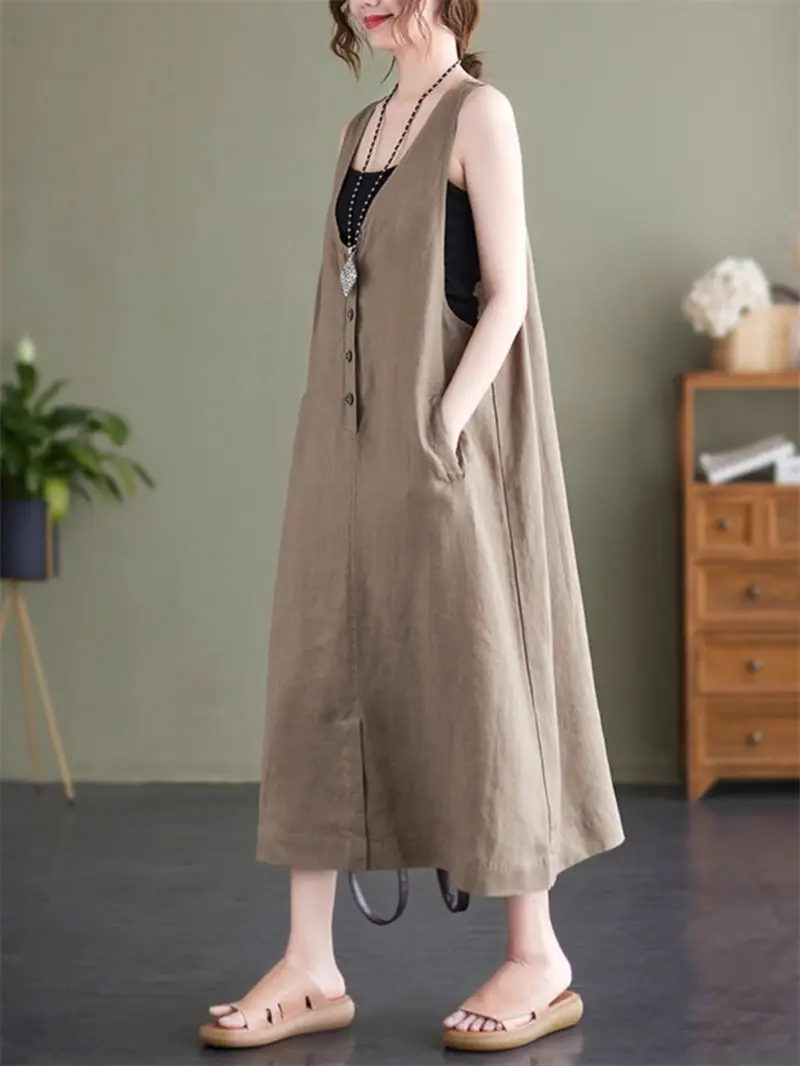 Cotton Linen Sleeveless Tank Dress For Women Summer Art Large Size Casual Loose Slim Medium Length Solid Color Vest Dress Z2736