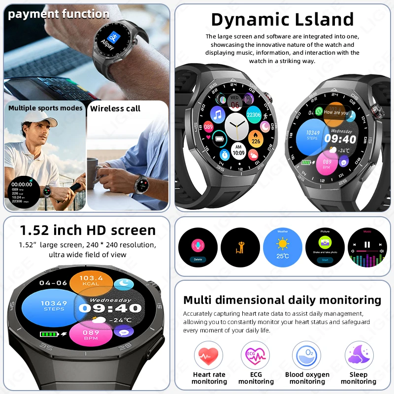 LIGE New ECG Monitor Watch Health Bracelet Bluetooth Call Music Control Men Smart Watches Sport Fitness Smartwatch Remote Camera view 5