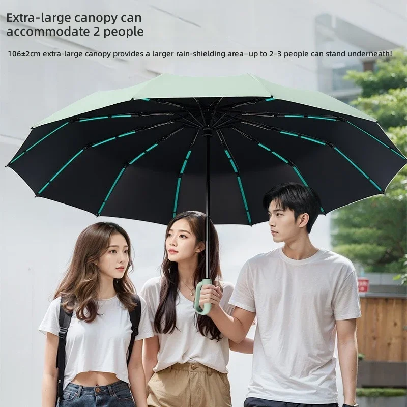 12-Rib Auto Open & Close Step-by-Step Retractable Folding Umbrella with 3+3 Segmented Ribs & Loop Buckle Handle, Black Glue Coat