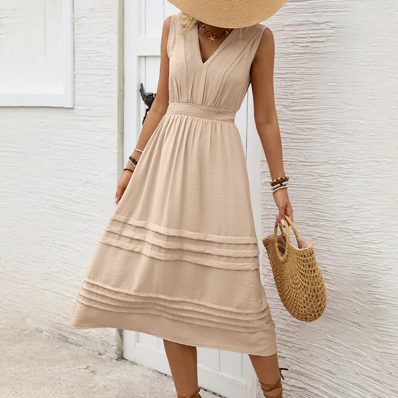 Luźna, codzienna długa sukienka damska na lato, elegancka sukienka maxi w stylu vintage, seksowna sukienka plażowa bez rękawów z dekoltem w serek w stylu bohemy.