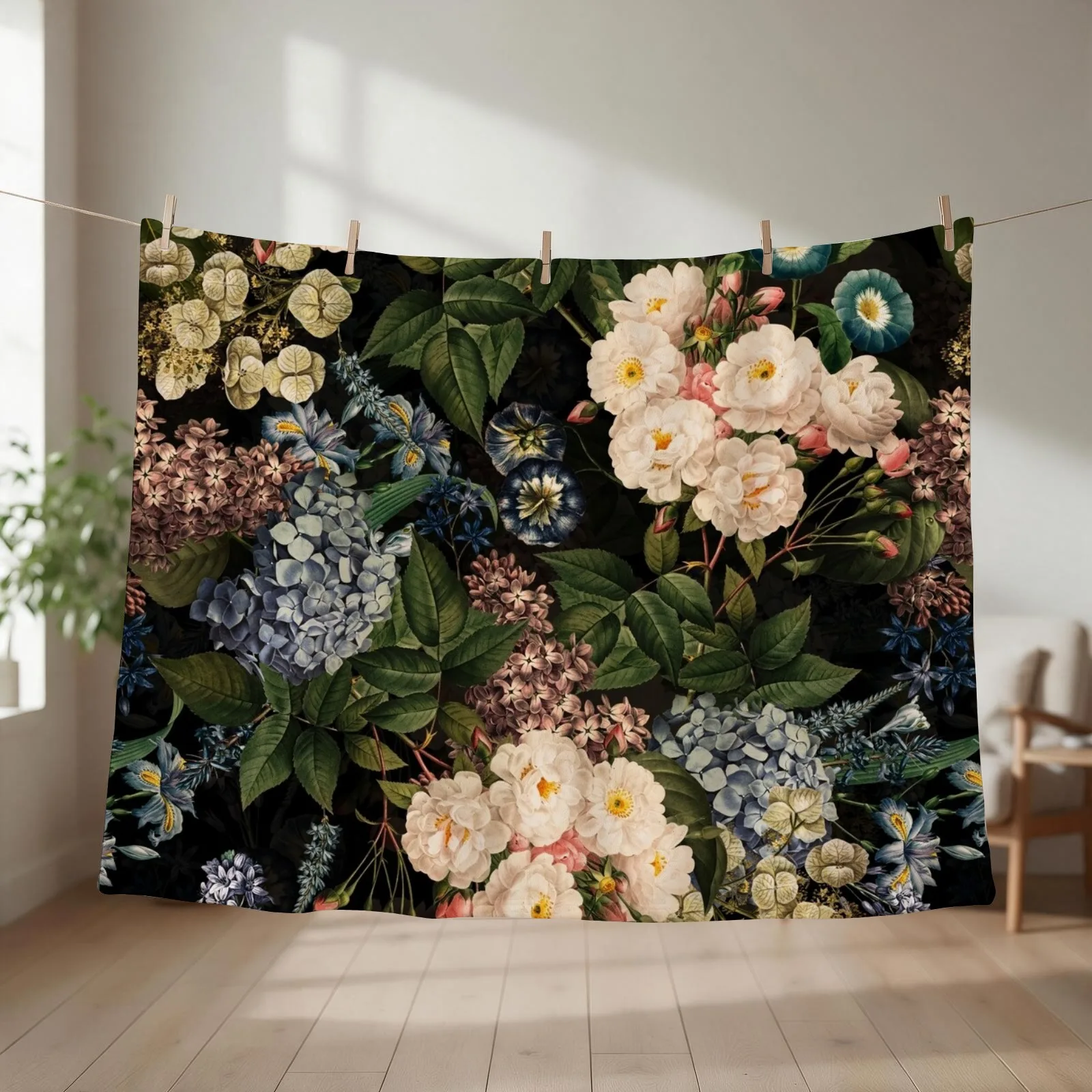 Blue Hydrangea And White Baroque Vintage Roses Botanical Night Garden Nightgarden Throw Blanket