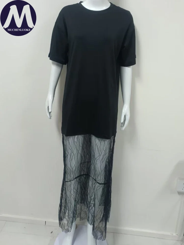 Elegante damesjurken zomer nieuwe halve mouw O-hals splitsen kanten jurk modieuze casual losse nep tweedelige jurken