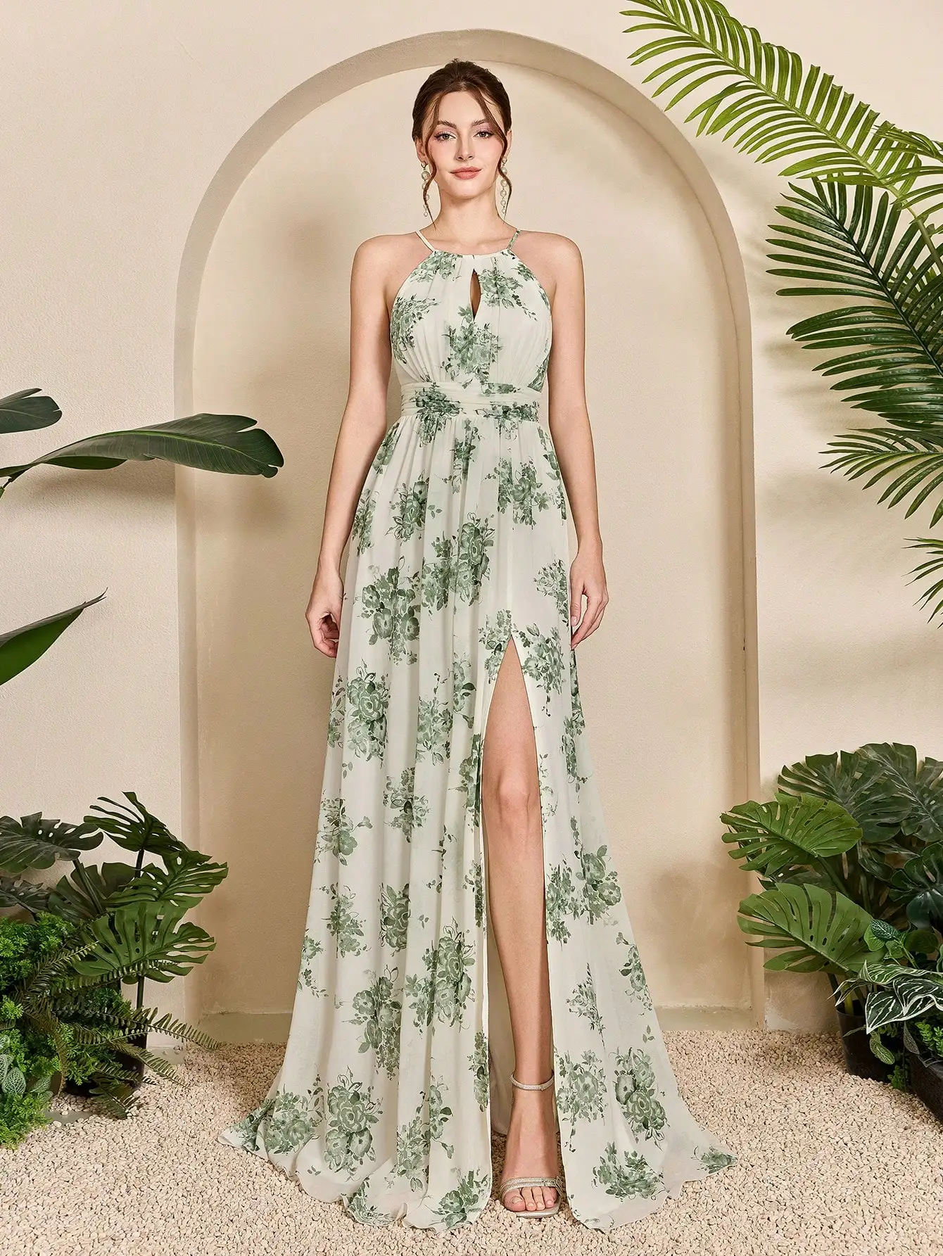 Mgiacy, Neuankömmling, Neckholder, bedruckt, elegant, Brautjungfernkleid, 3D-Blumenmuster, Schnürung, ausgehöhlt, Rüschen, Chiffon, langes Kleid, FÜR, Weddi