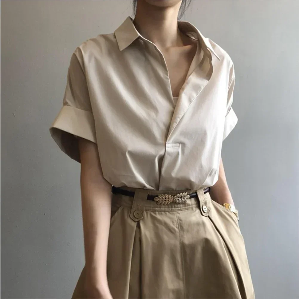 Women Blouses Spring Summer Breathable Simple Short Batwing Sleeve Turn Town Quick Dry Collar Shirts Solid Color Female Clothing