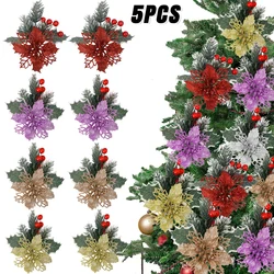 5/1Pcs Glitter Artificial Christmas Flowers Red Berries Xmas Tree Ornaments New Year Gifts Christmas Wedding Party Decorations