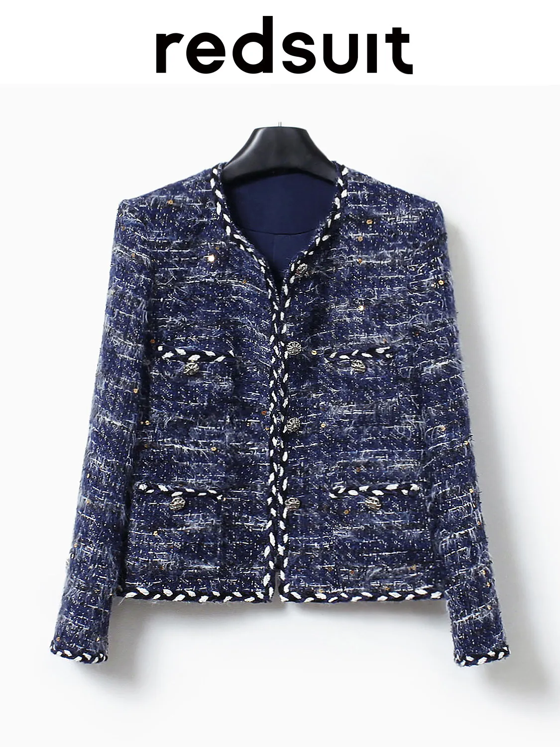 New Luxurious handmade lace round neck navy blue four pocket jacket with white highlights Custom Size