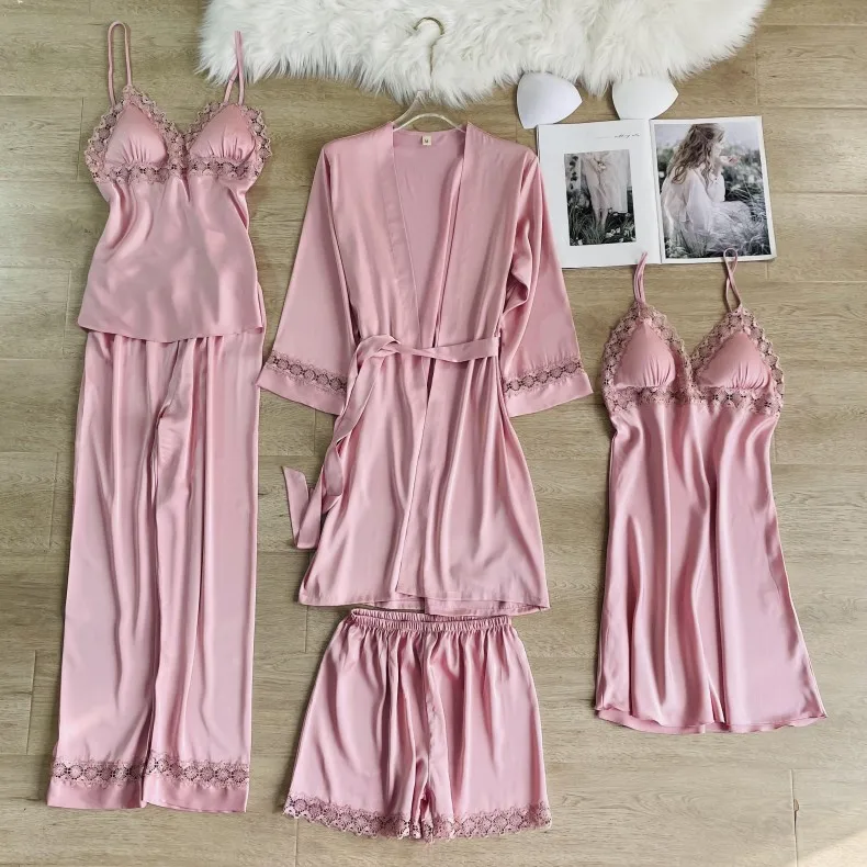 

Women Robe Pajamas Sets Sexy Lace Floral Trim Casual Bathrobe Nightdress Sleepwear Suit Spring Summer Thin Rayon Home Wear