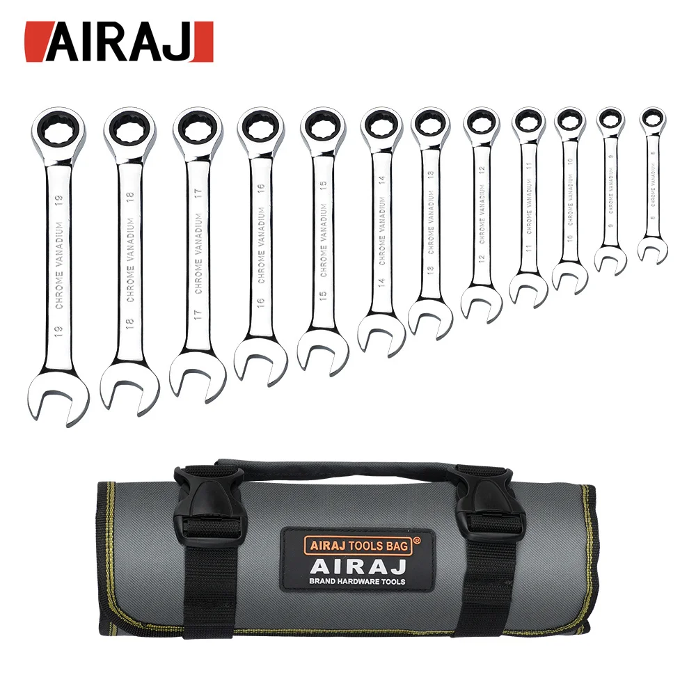 AIRAJ 12-Piece Ratchet Spanner Set (8-19 mm) Professional Metric Standard Kit Chrome-Plated Transport Bag