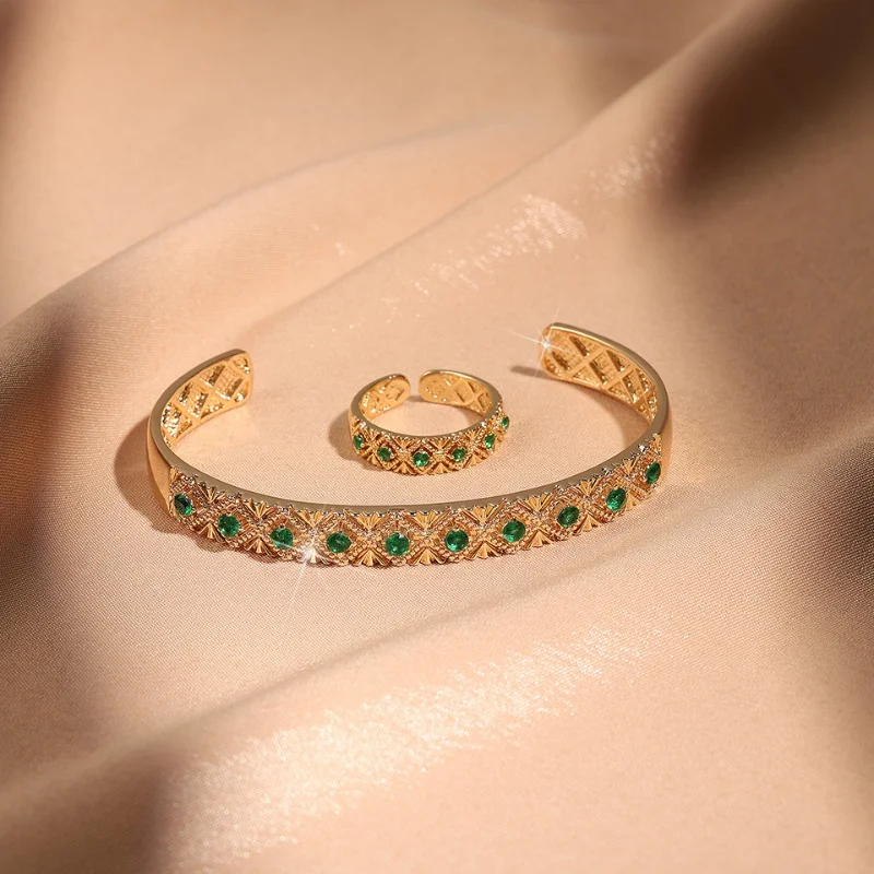 

UILZ Classic Retro Zircon Opening Women's Ring Bracelet Adjustable Copper Elegant Exquisite Party Jewelry Sets Accessories