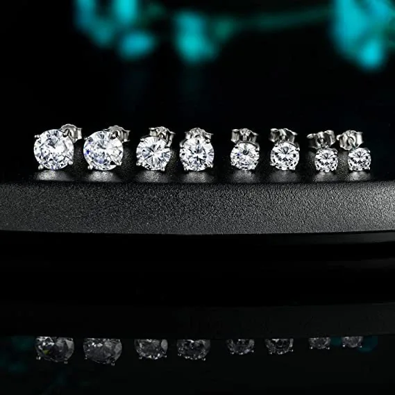 Crystal Zircon Real Silver Color 6/8mm Six-Post Silver Color Stud Earrings For Women Gift Jewelry No Fade Allergy Fashion