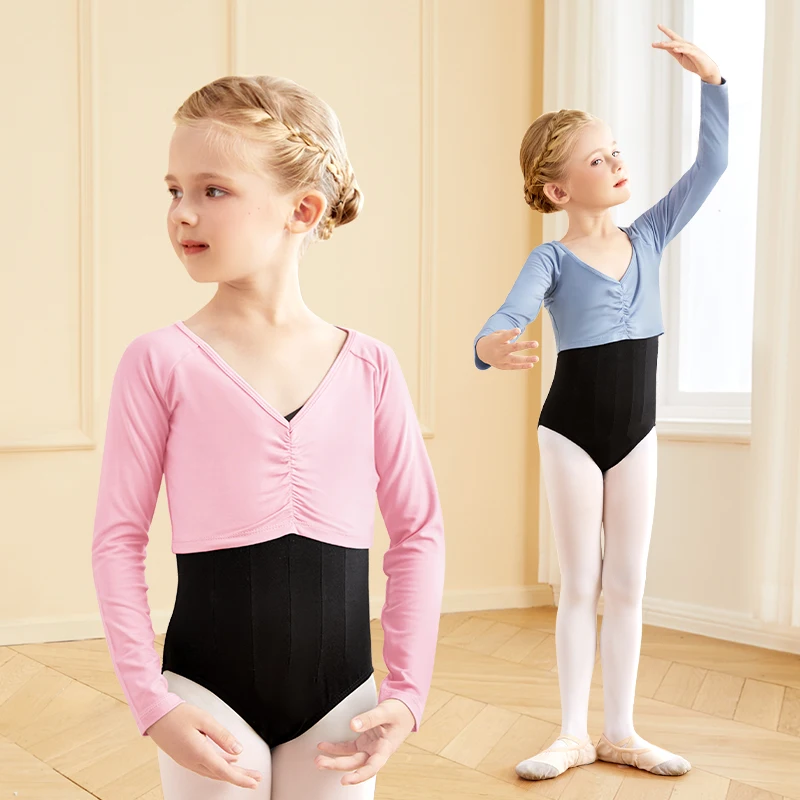 Girls Dance Tops Cotton Ballet V Neck Vest Long Sleeve Kids Classical Ballet Dance Tops Short Shirt