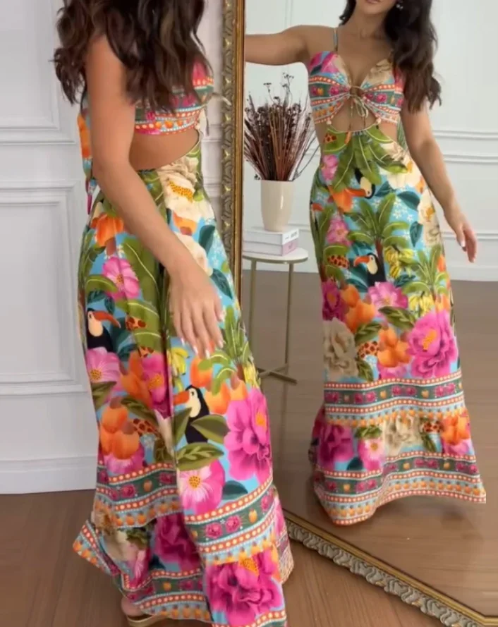 Womens Dresses Floarl Print V Neck Lace Up Hollow Out Vaction Dress Casual A Line Tied Detail Backless Maxi Dress for Women