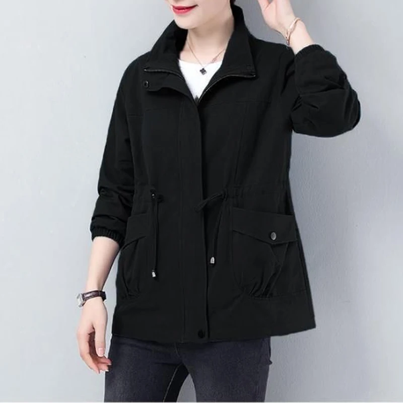 HI-FASHION Double Layer Women Plus Size Spring Autumn Korean Plus Size Lining Windbreaker Drawstring Waist Stand Collar Jacket