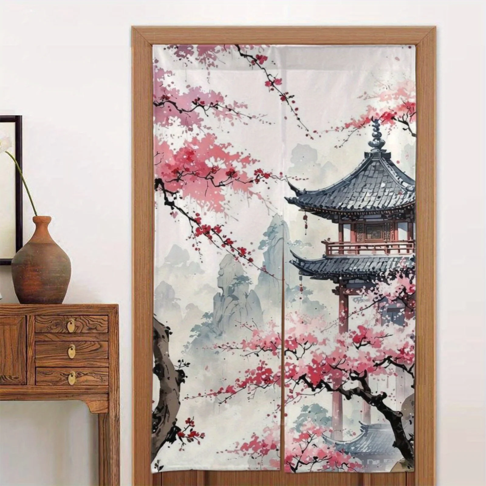 

1pcs Chinese style landscape flower tree door curtain Chinese style architectural printed fabric home decoration