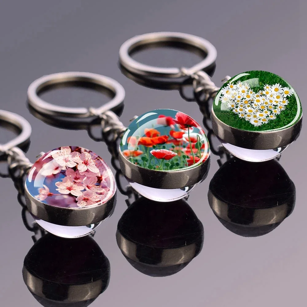 Flower Keyring Rose Lotus Cherry Blossoms Sunflower Keychains Glass Ball Pendant Jewelry for Women Cute Key Chain Gift